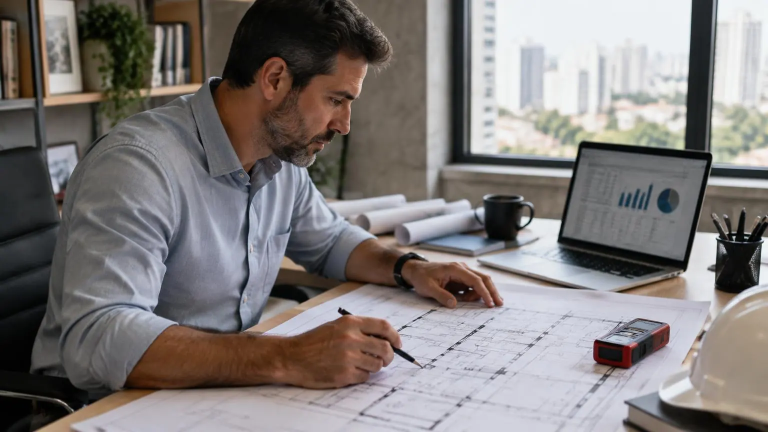 Engenheiro avaliador analisando plantas do imóvel e planilha de dados de mercado no escritório