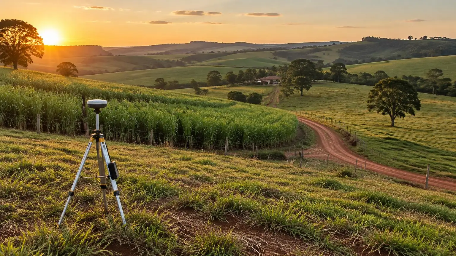 Fazenda no interior de São Paulo com canavial, pastagem, estrada de terra e receptor GNSS em tripé para levantamento topográfico